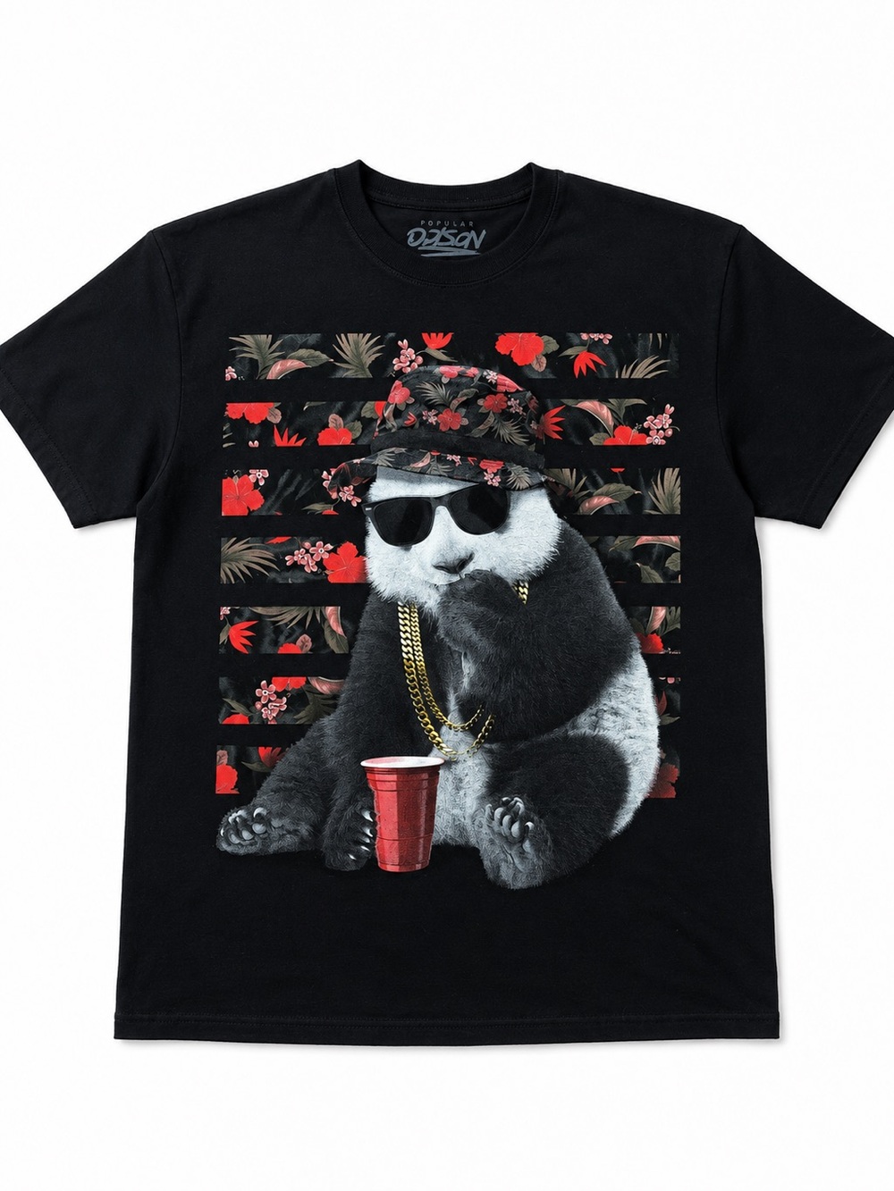 Black Graphic Short Sleeve Tee with Panda Print